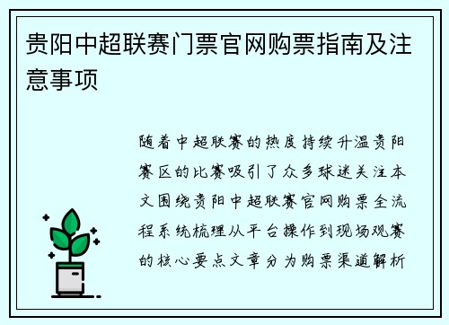 贵阳中超联赛门票官网购票指南及注意事项