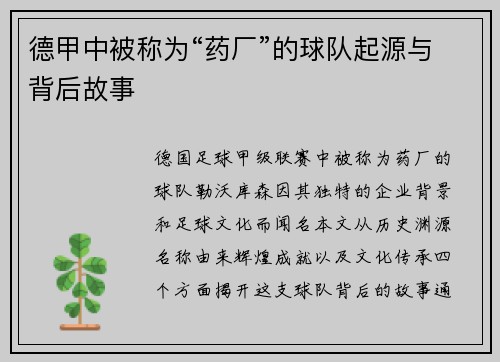 德甲中被称为“药厂”的球队起源与背后故事