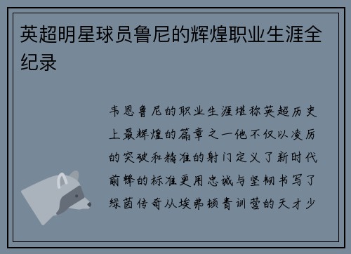 英超明星球员鲁尼的辉煌职业生涯全纪录